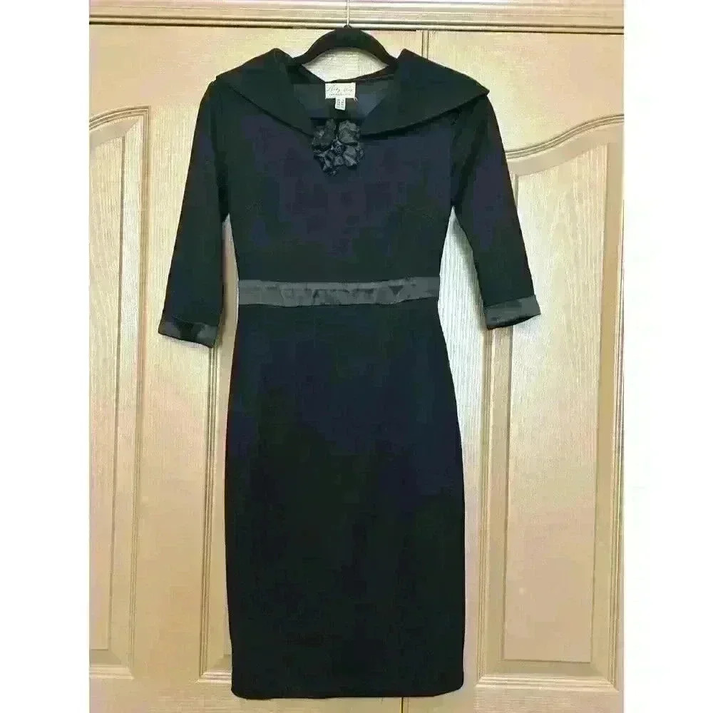 Lindy Bop midi black dress retro women’s sz small 1940’s 1950s 3:4 sleeves